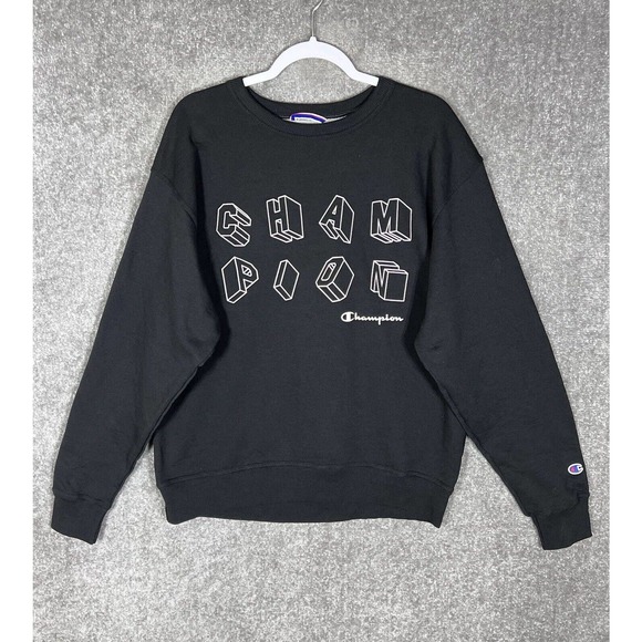Champion SPELLOUT Crew Neck Pullover Long Sleeve Sweatshirt Men Size Large Black - Picture 1 of 15